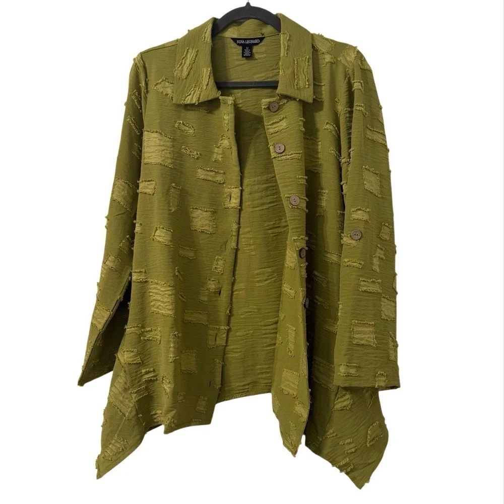 Nina Leonard Textured Tunic M Green Earthy Goblin Lagenlook Patchwork Tab Sleeve